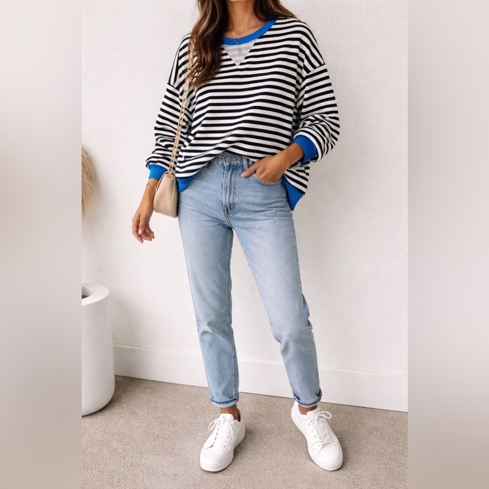 Women’s Oversized Striped Knit Sweatshirt Slouchy Boxy Nautical Preppy L